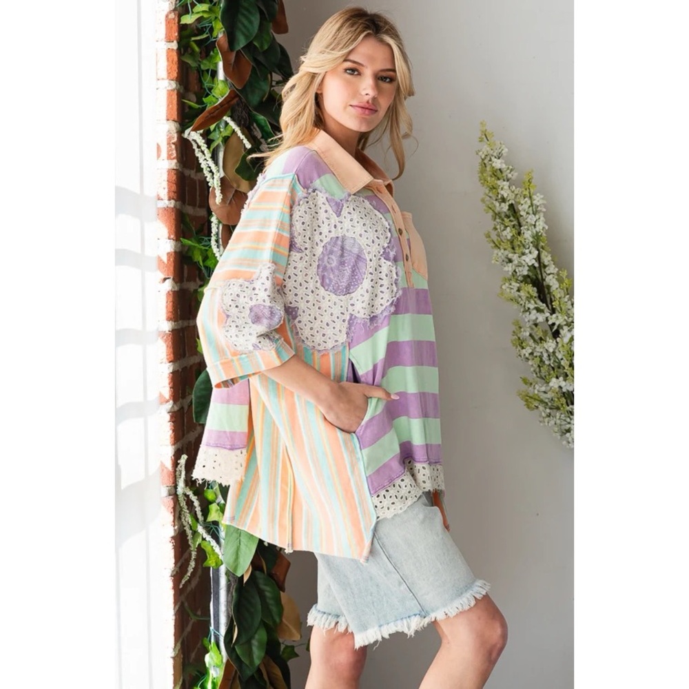 Oli & Hali Mixed Striped Flower Patched Oversized Polo in Orange Mint - Picture 4 of 8